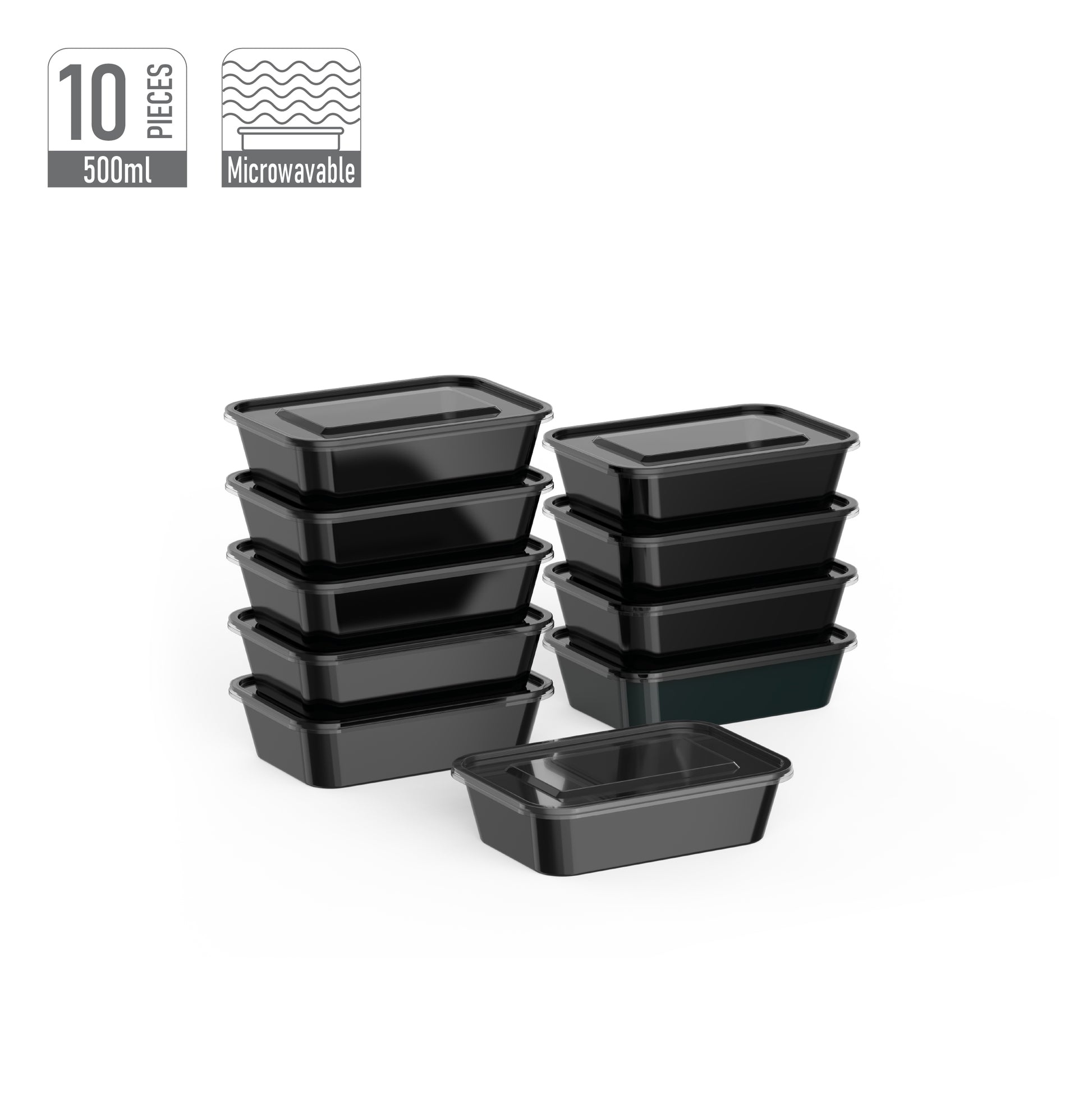 500 ml Pack of 10 Black Microwave Containers with Clear Lids