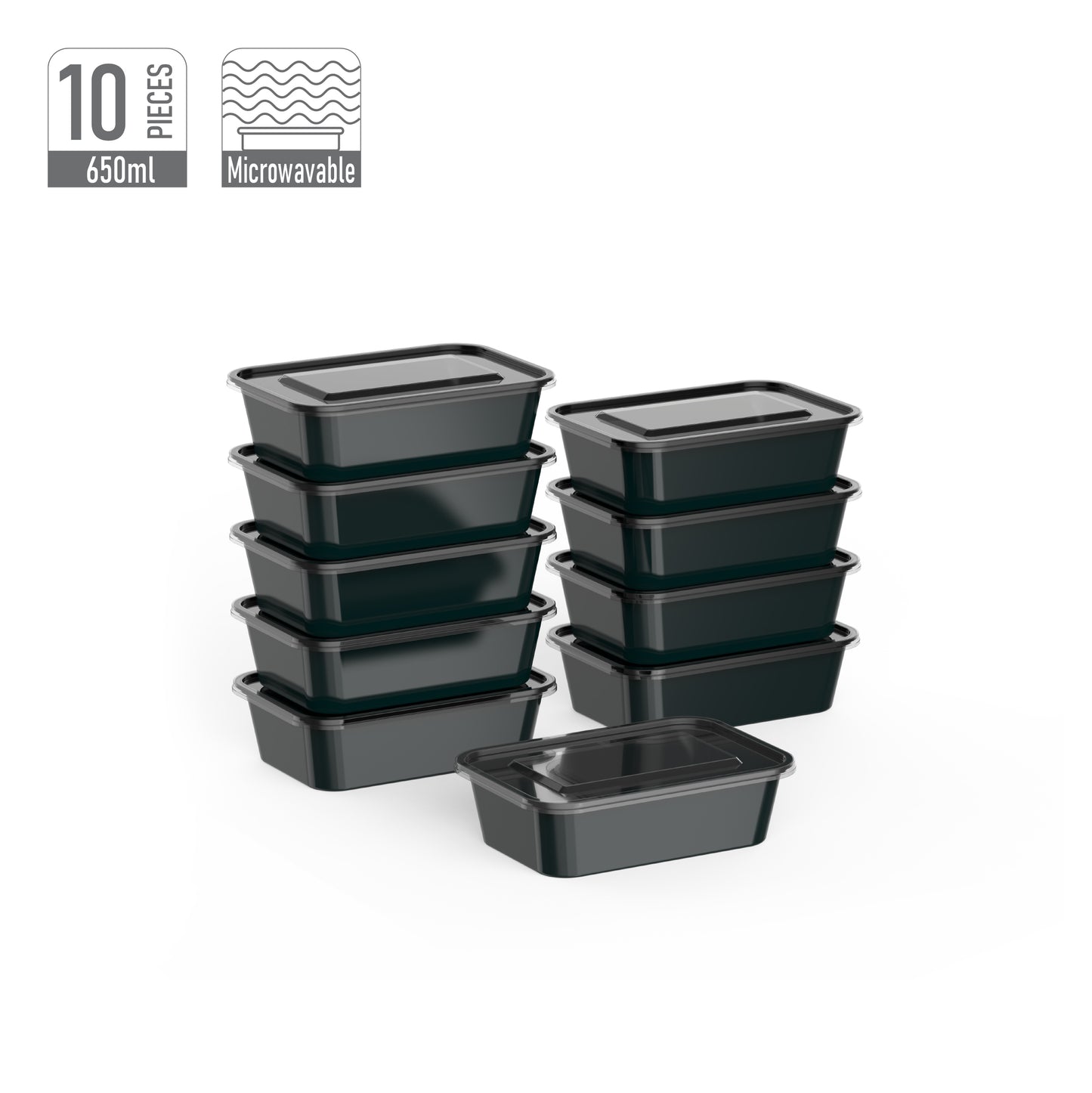650 ml Pack of 10 Black Microwave Containers with Clear Lids