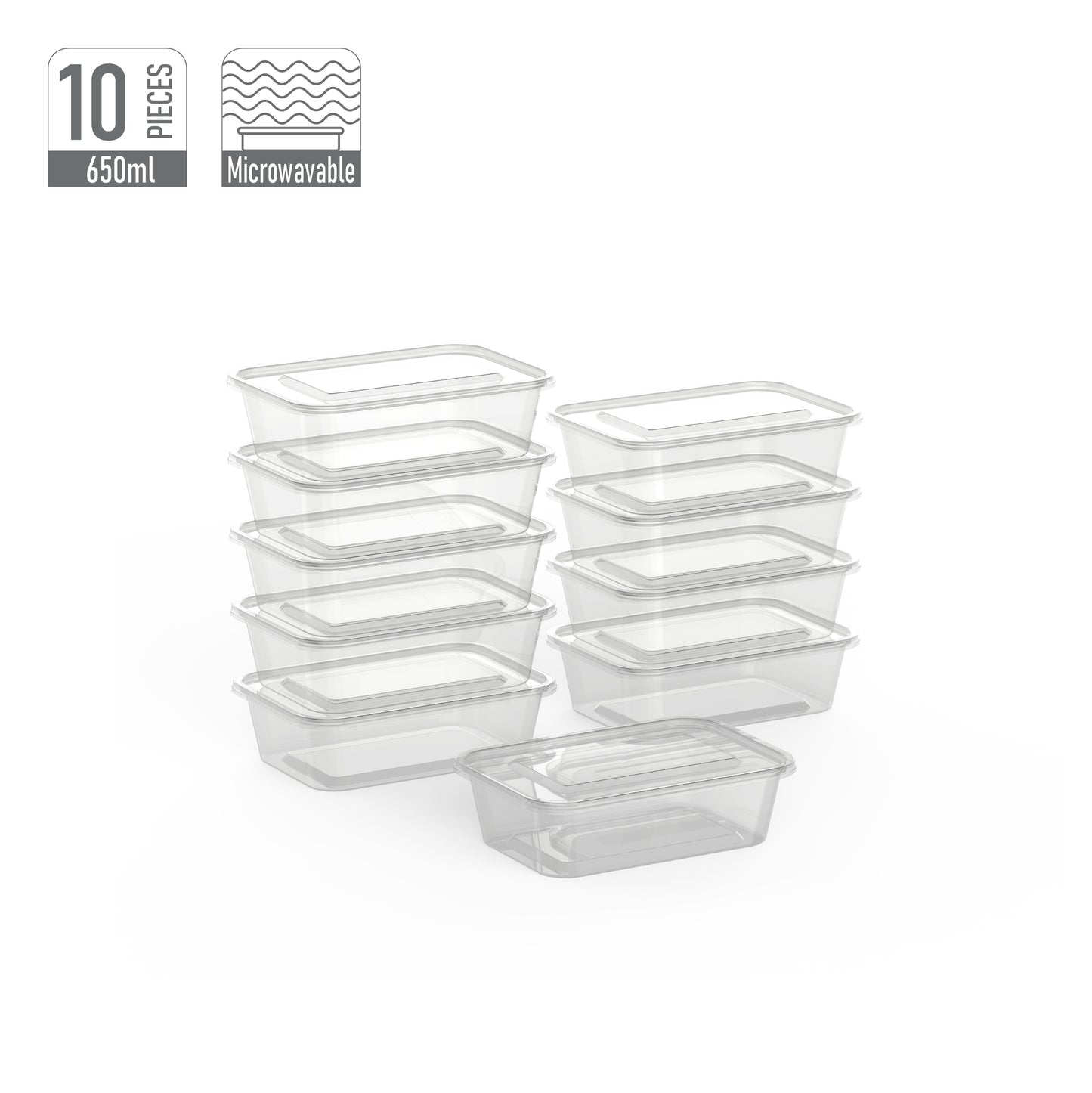 650 ml Pack of 10 Clear Microwave Containers with Clear Lids