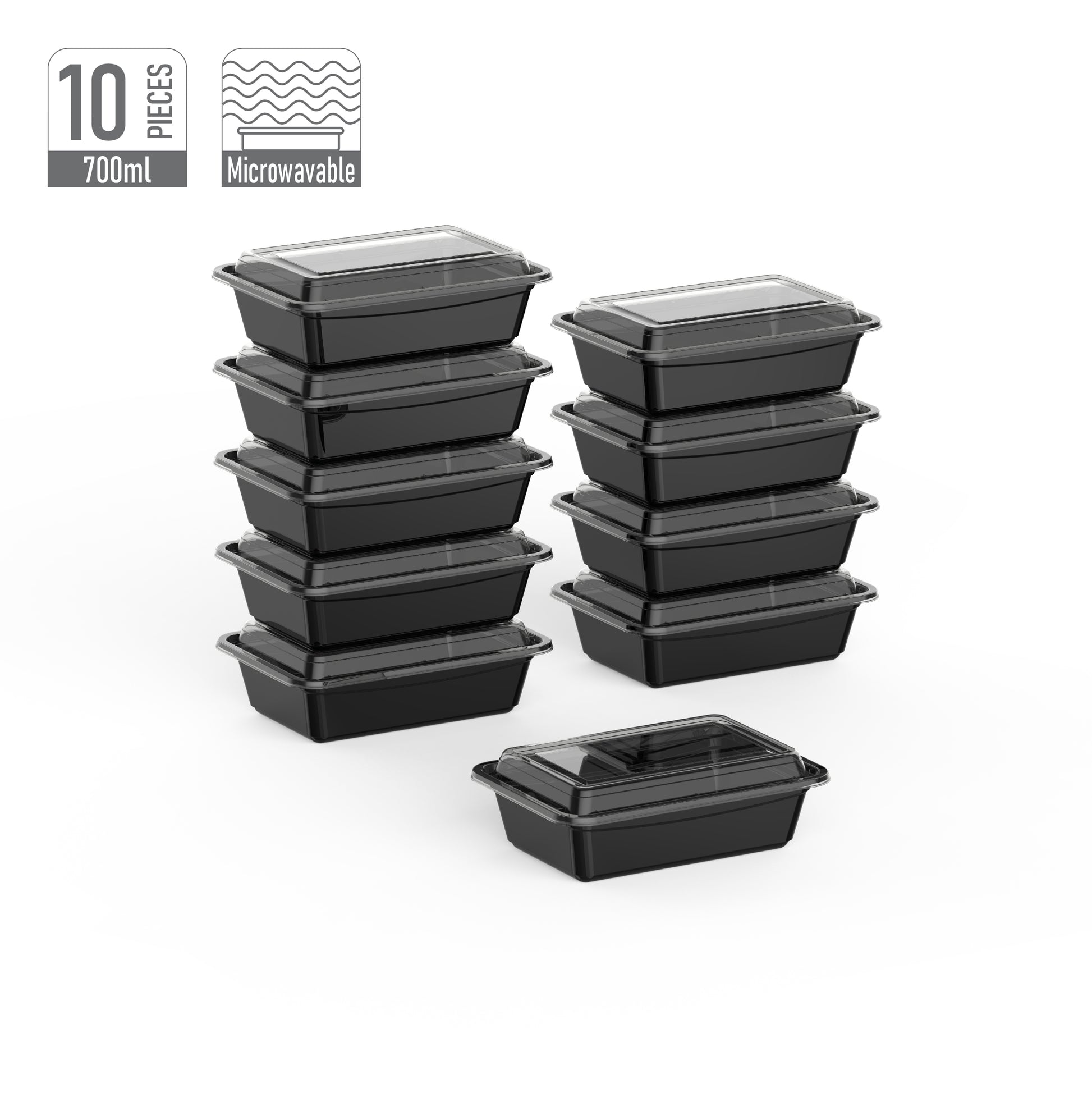 700 ml Pack of 10 RE24 Black Microwave Containers with Clear Lids