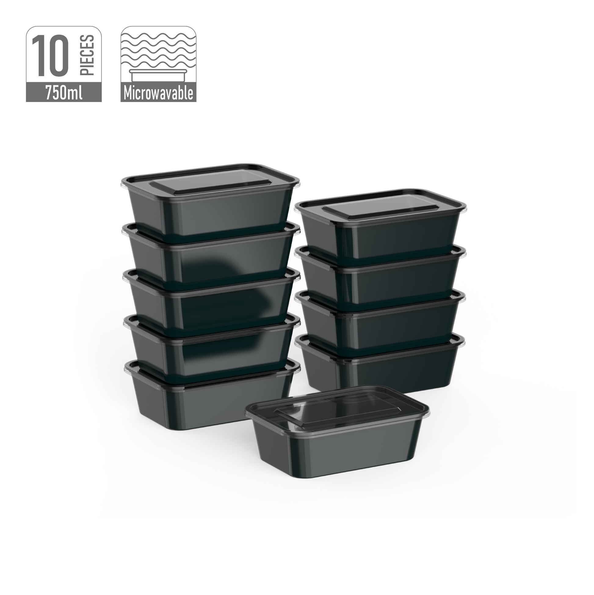 750 ml Pack of 10 Black Microwave Containers with Clear Lids