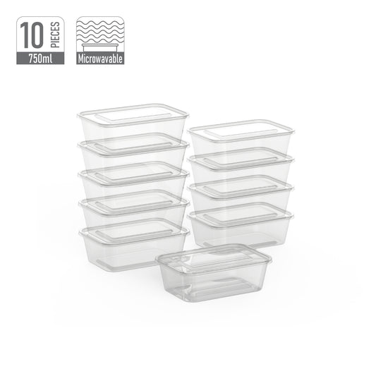 750 ml Pack of 10 Clear Microwave Containers with Clear Lids