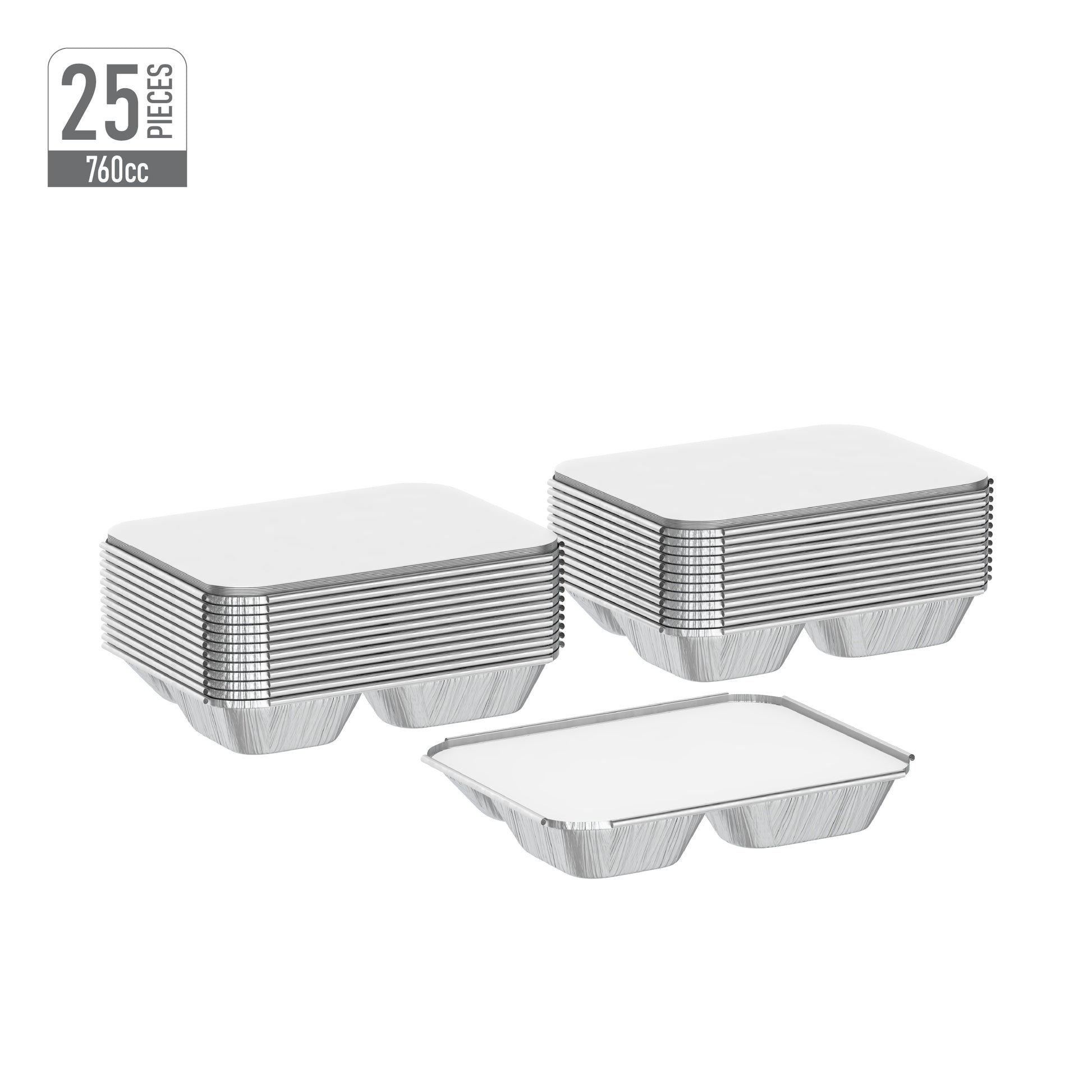 760 cc Pack of 25 3 Compartments Aluminium Containers with Lids