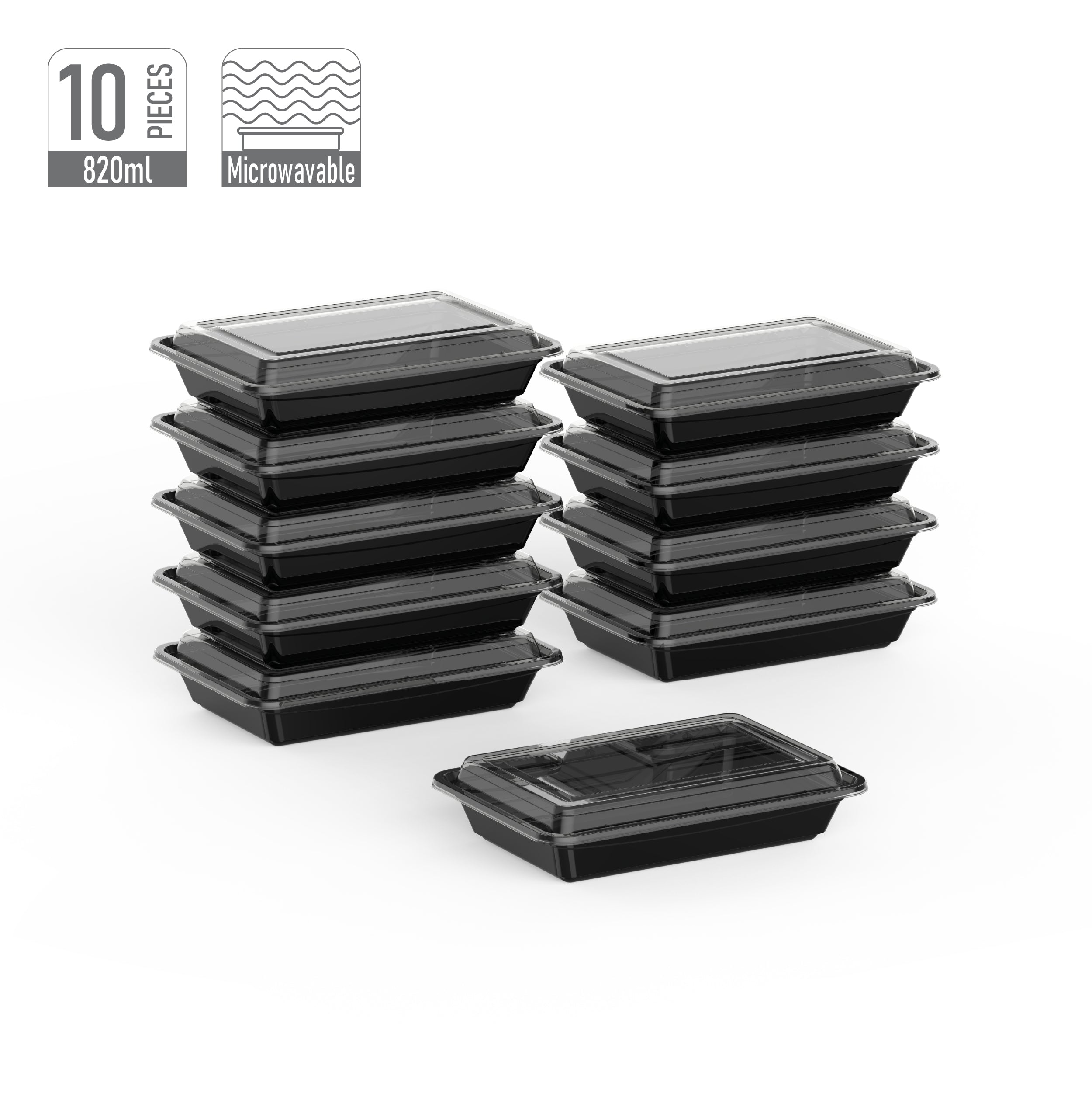 820 ml Pack of 10 RE28 Black Microwave Containers with Clear Lids