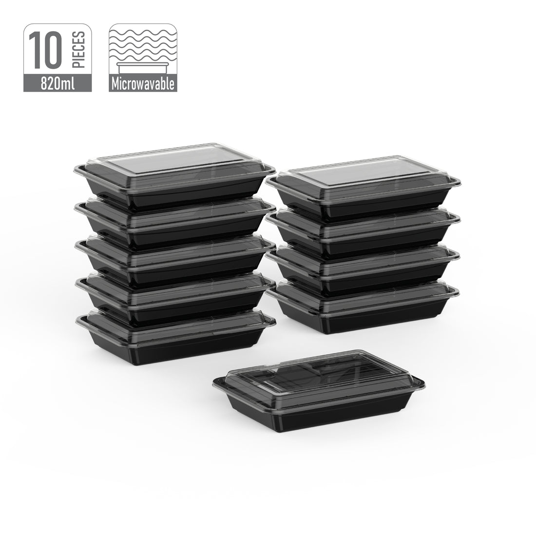820 ml Pack of 10 RE28 Black Microwave Containers with Clear Lids
