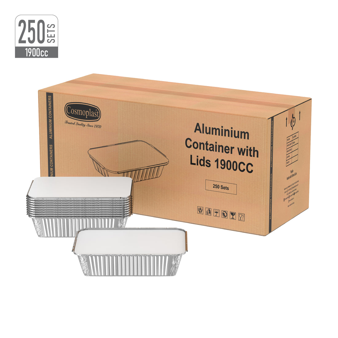 1900 cc Carton of 250 Aluminium Containers with Lids