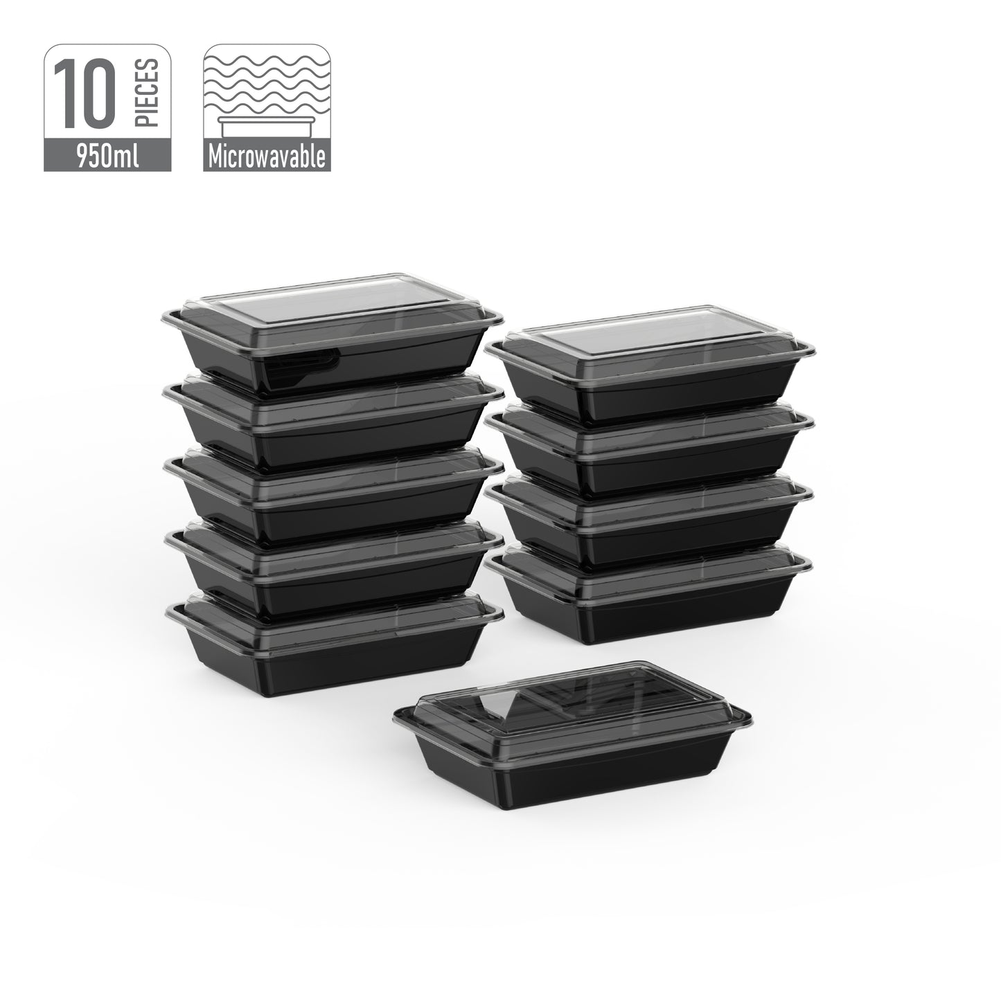 950 ml Pack of 10 RE32 Black Microwave Containers with Clear Lids