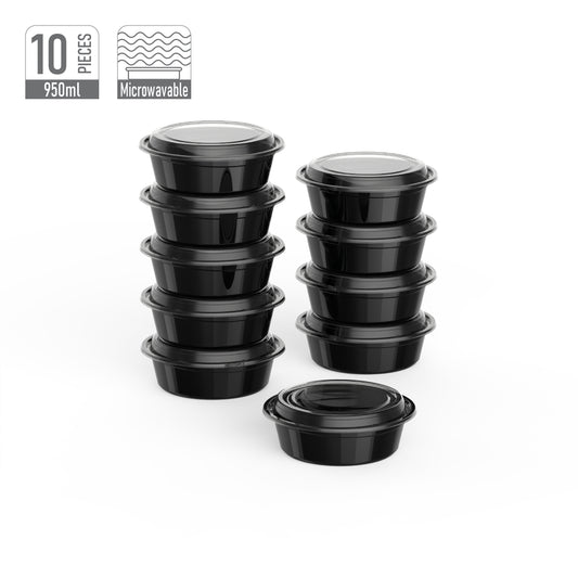 950 ml Pack of 10 RO32 Black Microwave Containers with Clear Lids
