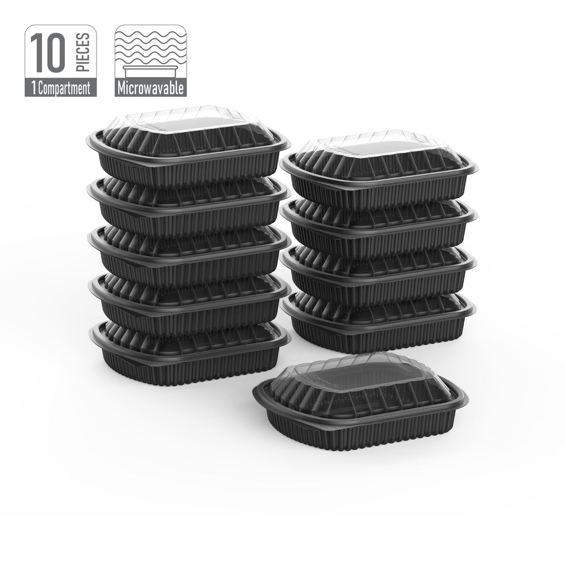 1 Compartment Pack of 10 Black Meal Containers with Clear Lids