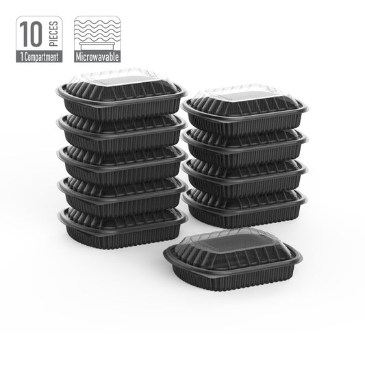 1 Compartment Pack of 10 Black Meal Containers with Clear Lids