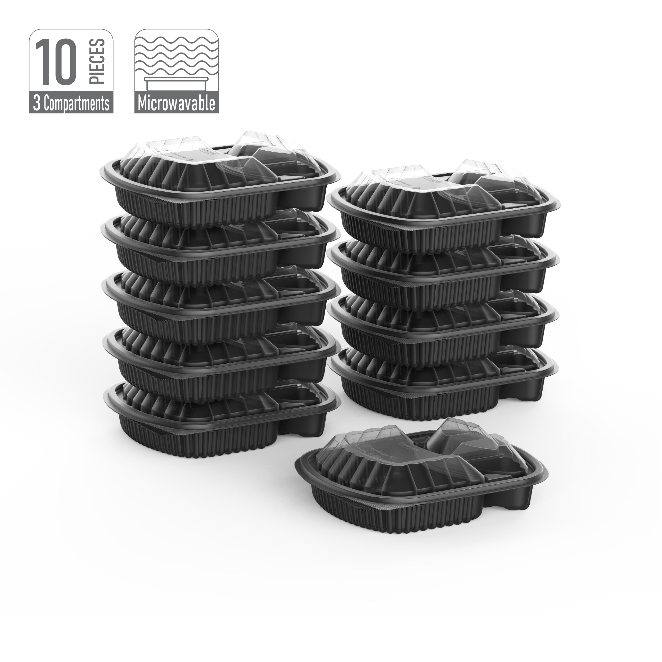 3 Compartments Pack of 10 Black Meal Containers with Clear Lids