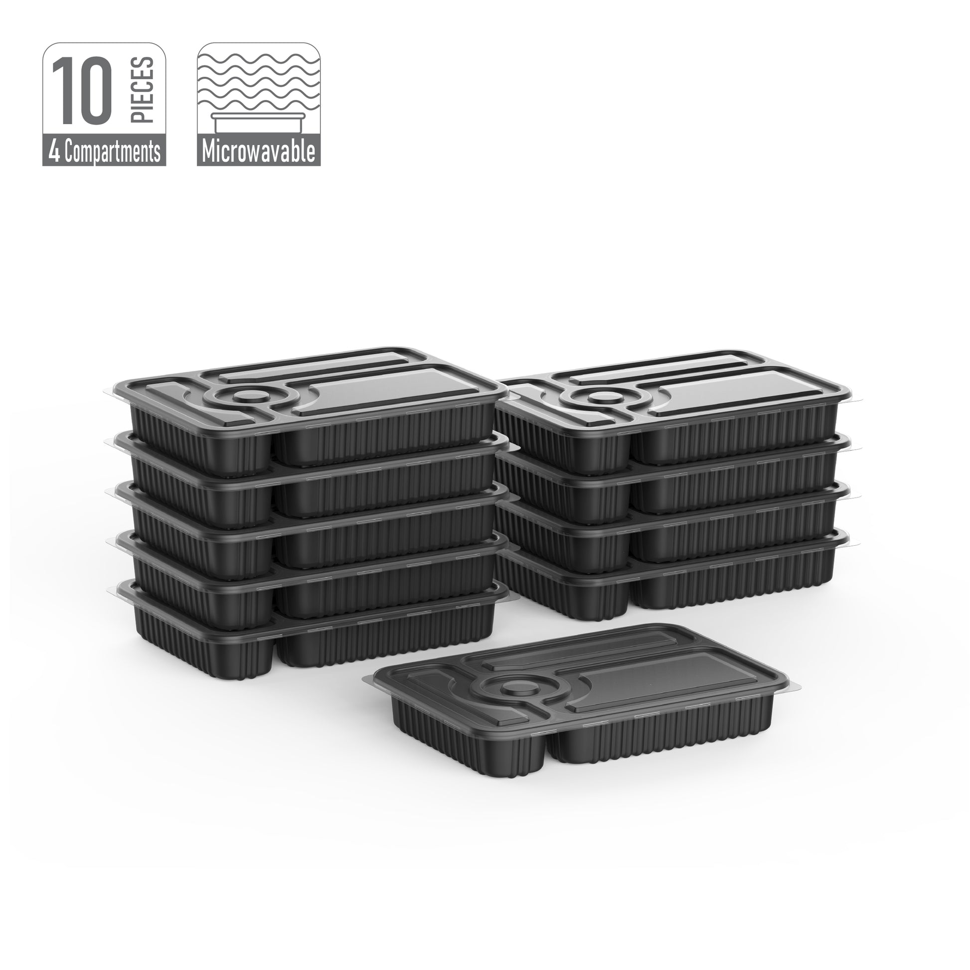 4 Compartments Pack of 10 Black Meal Containers with Clear Lids