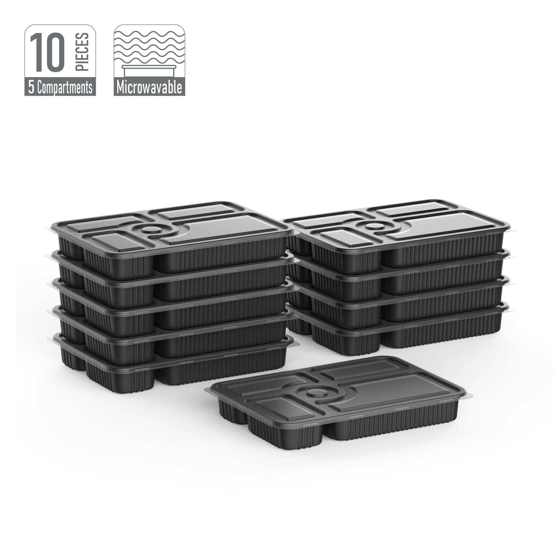 5 Compartments Pack of 10 Black Meal Containers with Clear Lids