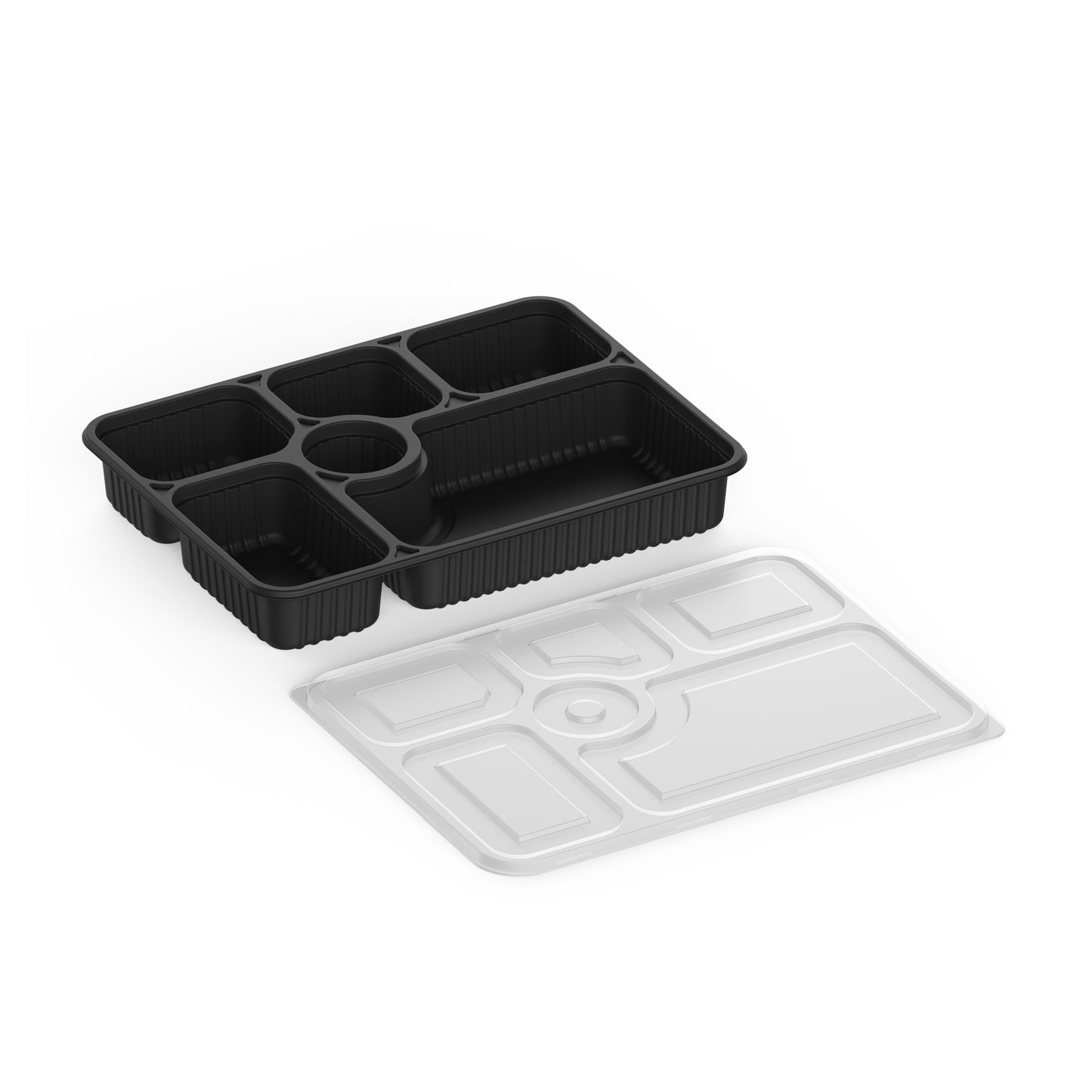 6 Compartments Pack of 10 Black Meal Containers with Clear Lids