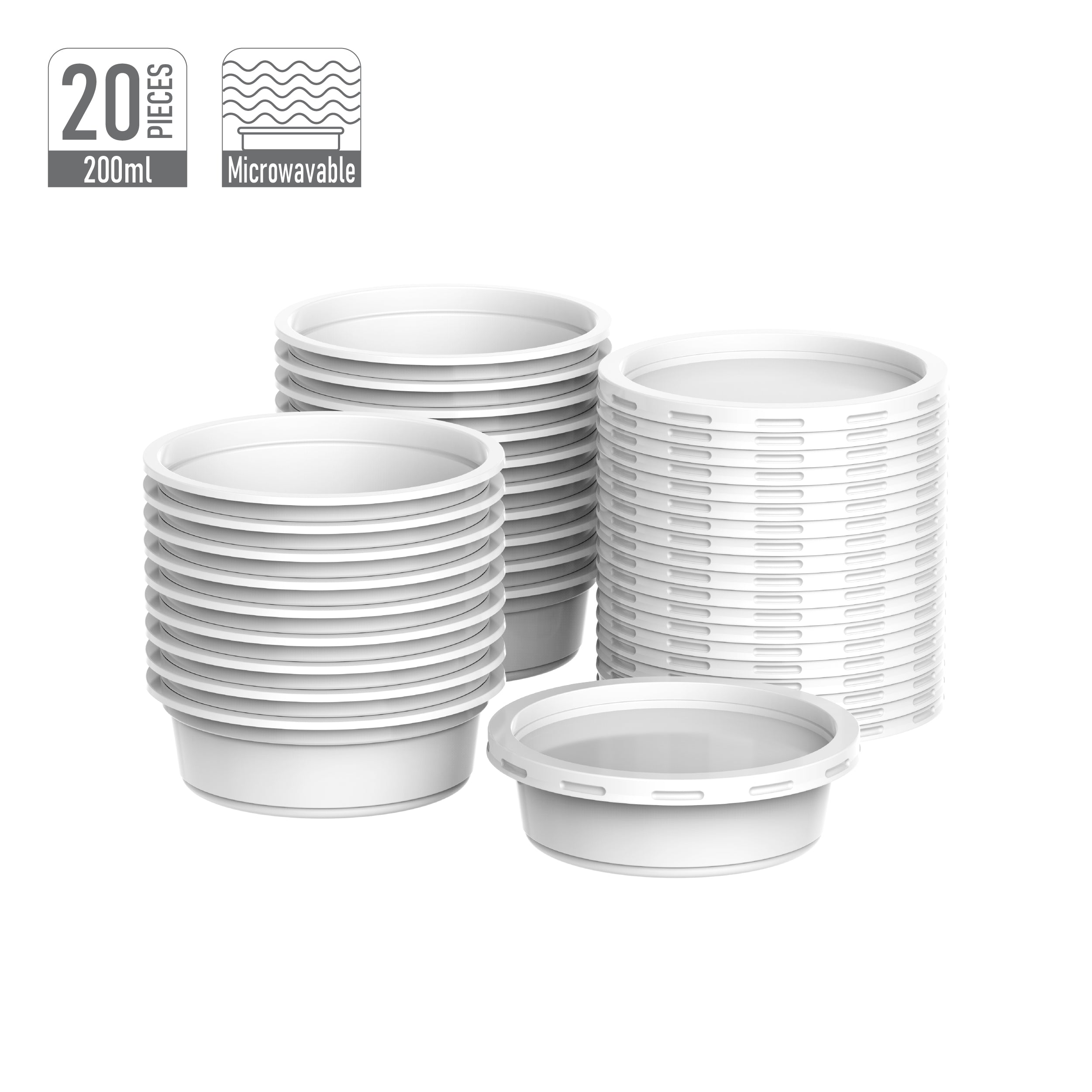 200 ml Pack of 20 Plastic White Catering Containers with White Lids