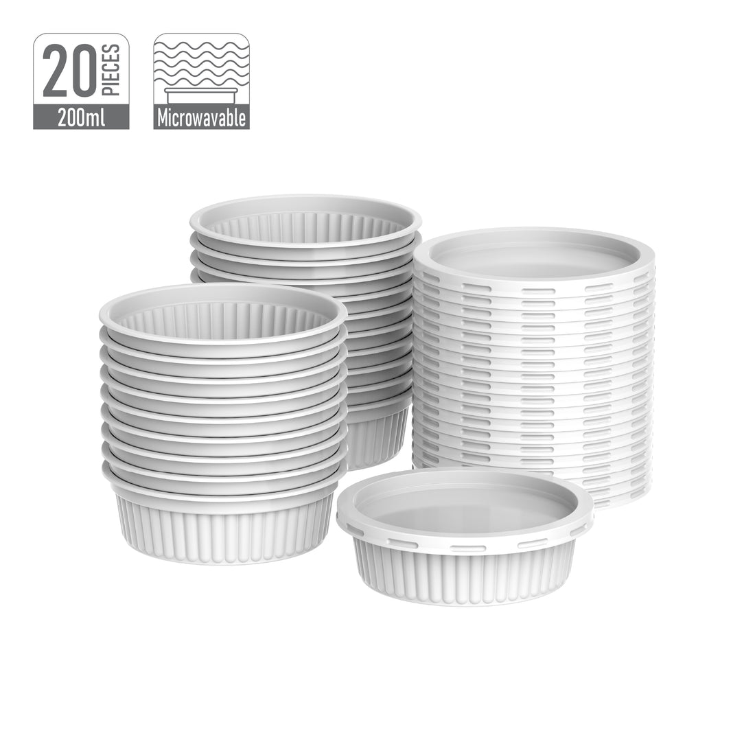 200 ml Pack of 20 Plastic White Ribbed Catering Containers with White Lids