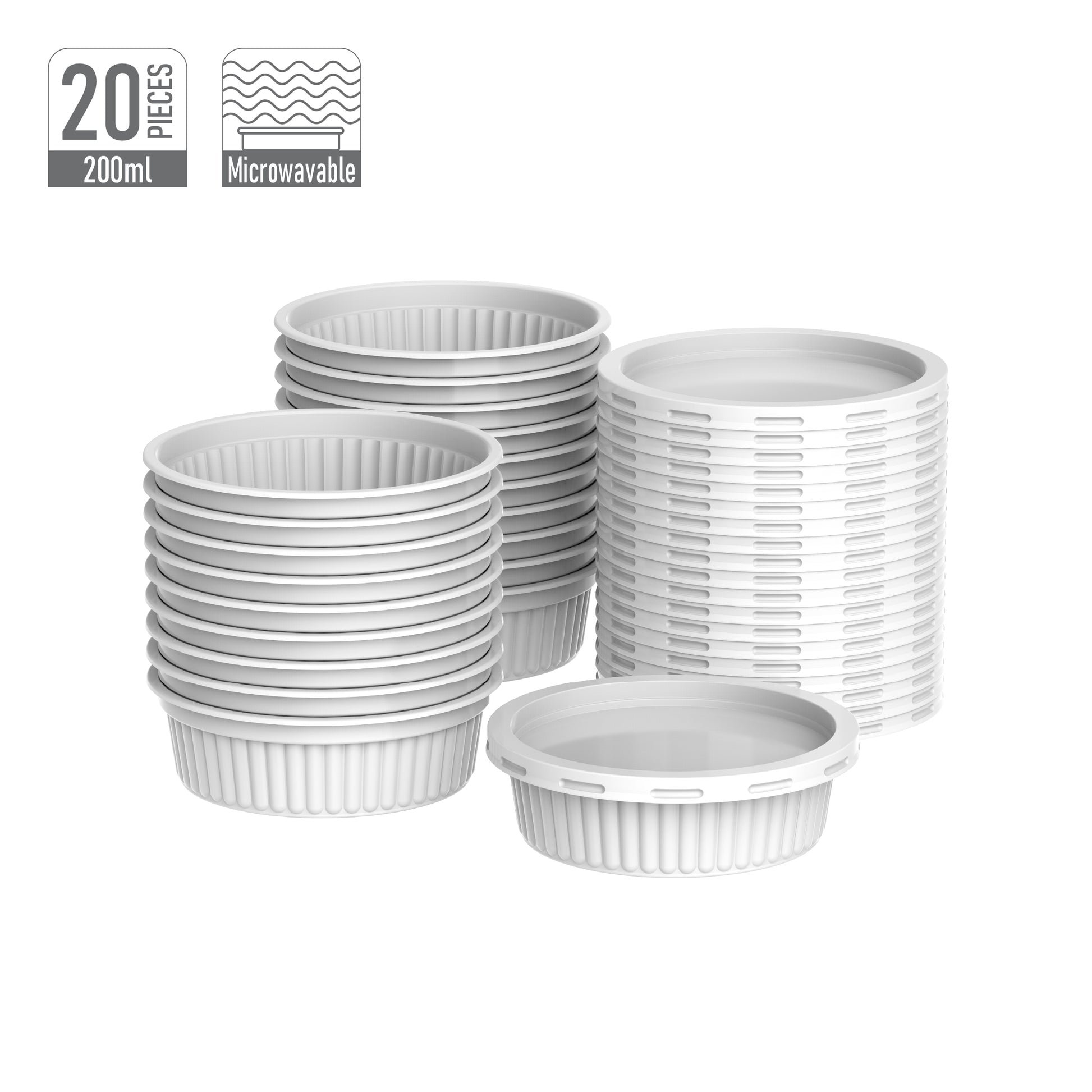 200 ml Pack of 20 Plastic White Ribbed Catering Containers with White Lids