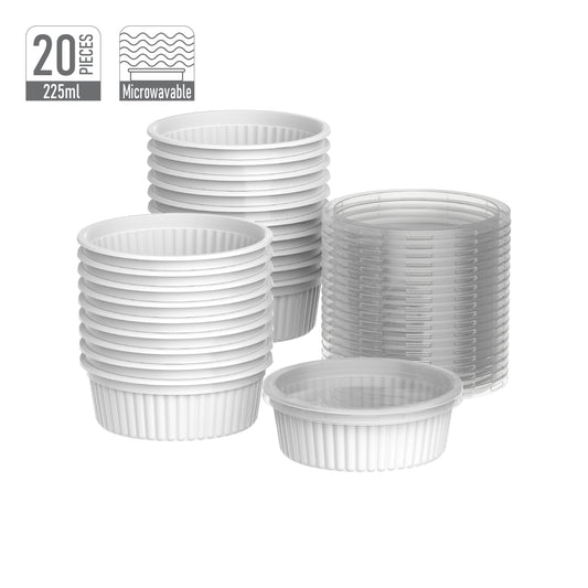 225 ml Pack of 20 Plastic White Ribbed Catering Containers with Clear Lids