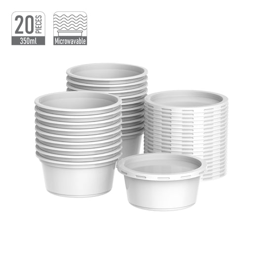 350 ml Pack of 20 Plastic White Catering Containers with White Lids