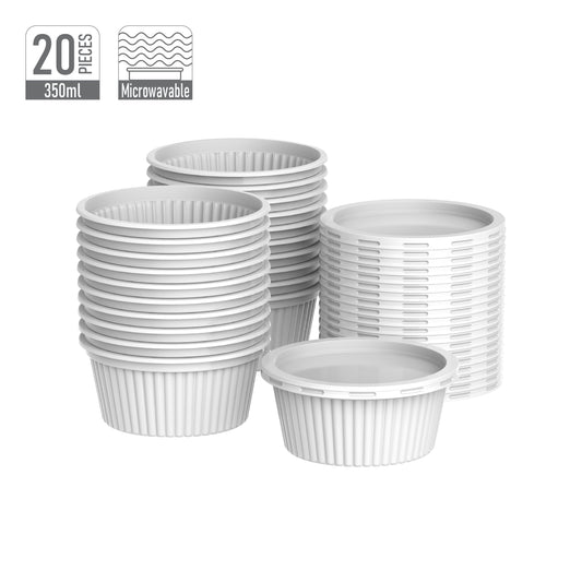 350 ml Pack of 20 Plastic White Ribbed Catering Containers with White Lids