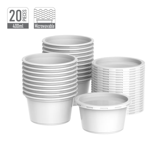 400 ml Pack of 20 Plastic White Catering Containers with White Lids