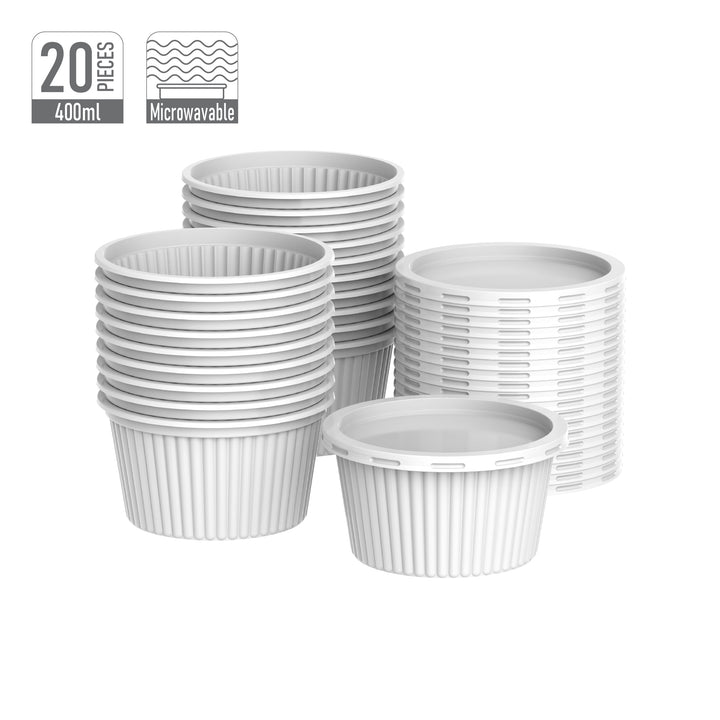 400 ml Pack of 20 Plastic White Ribbed Catering Containers with White Lids