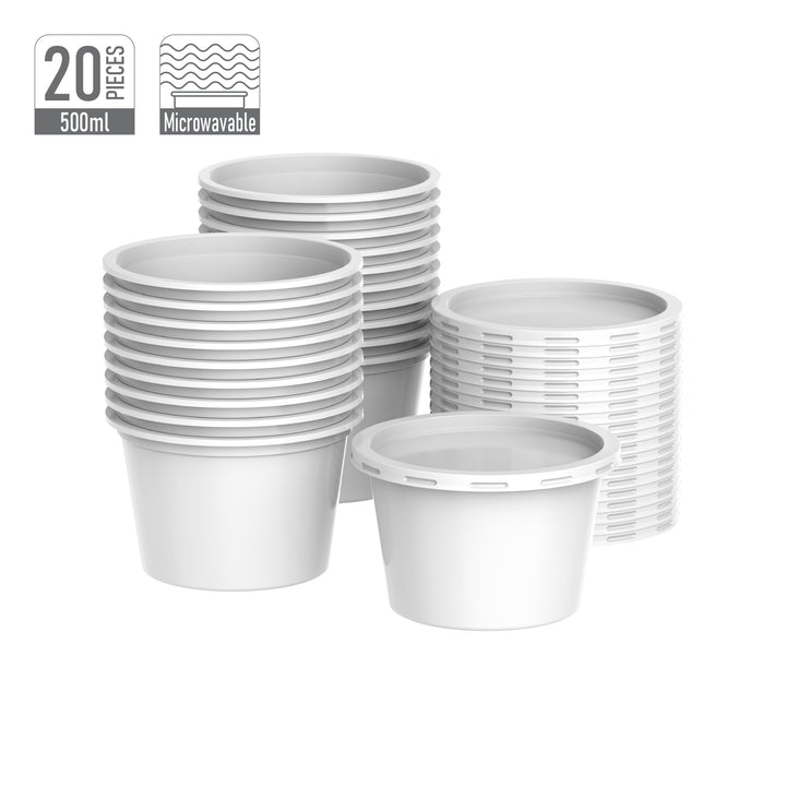 500 ml Pack of 20 Plastic White Catering Containers with White Lids