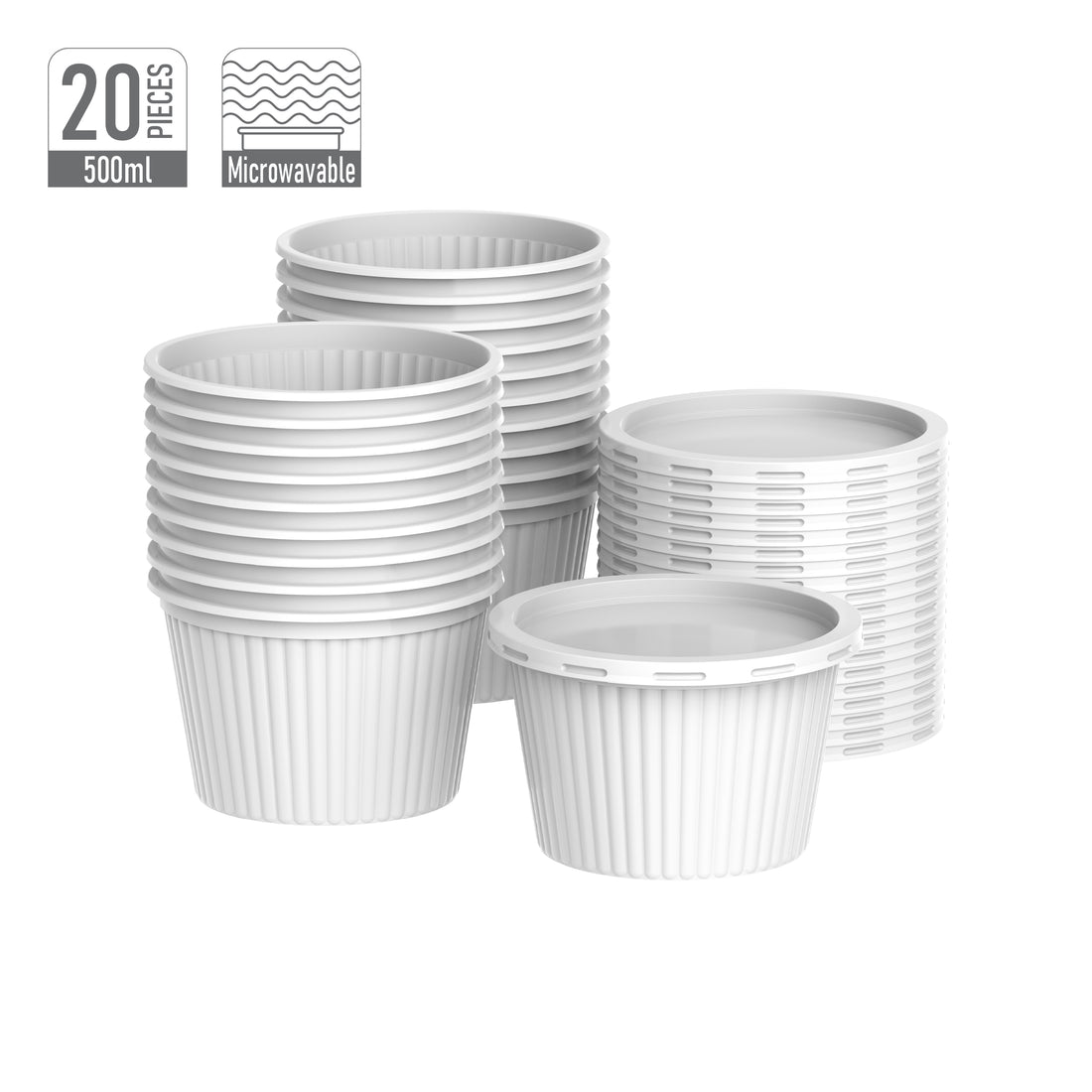500 ml Pack of 20 Plastic White Ribbed Catering Containers with White Lids