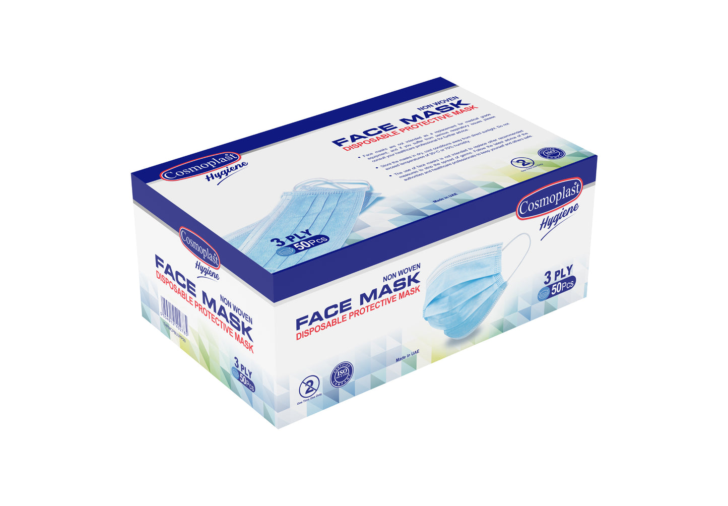 كوزموبلاست قناع الوجه الواقي للنظافة الزرقاء 3 طبقات - 50 قطعة.