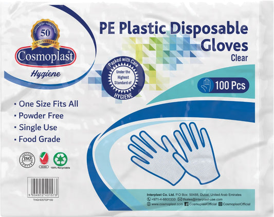 Cosmoplast Hygiene Clear Disposable PE Gloves 5 Packs x 100 Pcs