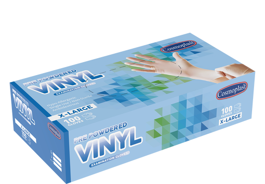 Cosmoplast Hygiene Clear Pre-powdered Vinyl Gloves XLarge 100 Pcs